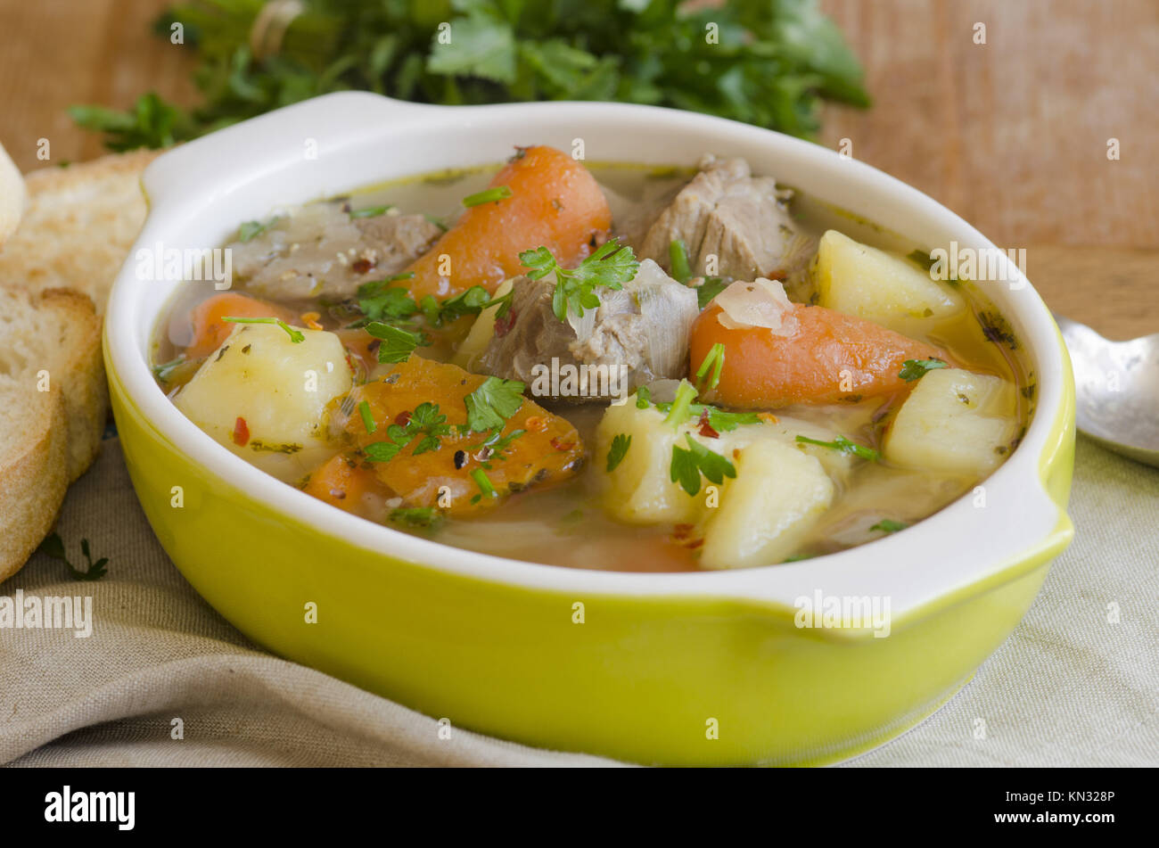 Slowcooked Irish stew with tender lamb meat, potatoes and vegetables