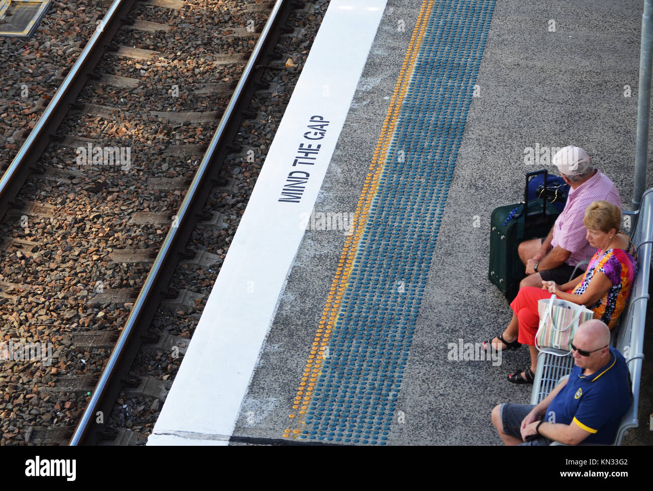 Social distancing. Commuters waiting for a train at Tuggerah Station Central Coast NSW Australia Stock Photo