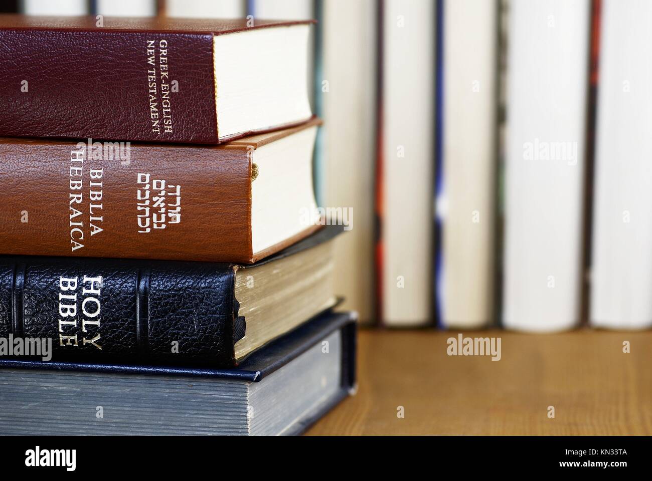 Holy Bible in different languages english, hebrew and greek Stock