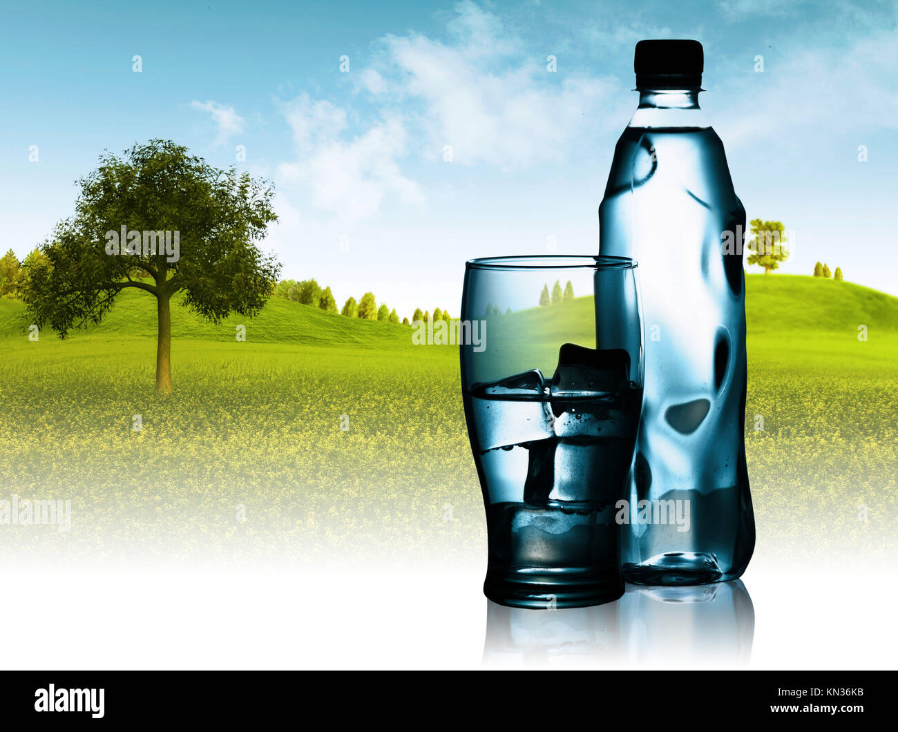 Spring mineral water bottled with glass and ice against natural