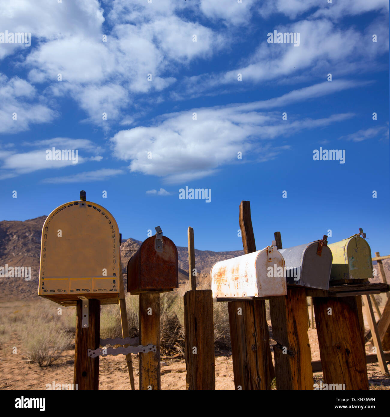 Mailboxes mail box aged vintage in west California desert Stock Photo