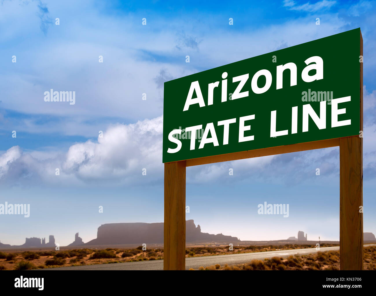 Road sign between Utah and Arizona State Line in Monument Valley Stock