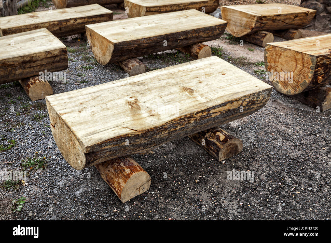 Primitive log benches, Cedar Breaks National Monument, Utah. Stock Photo