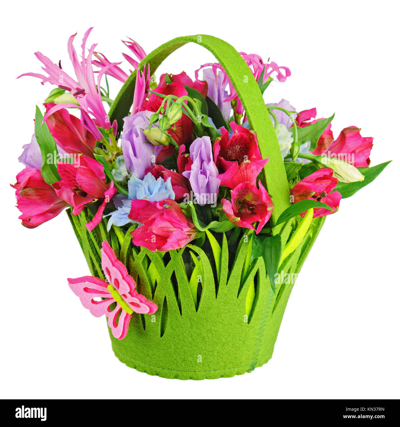Colorful flower bouquet arrangement centerpiece in baby basket isolated