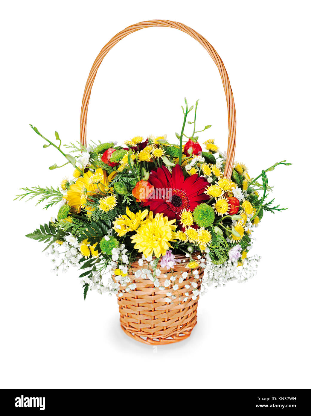 colorful flower bouquet arrangement centerpiece in a wicker gift basket