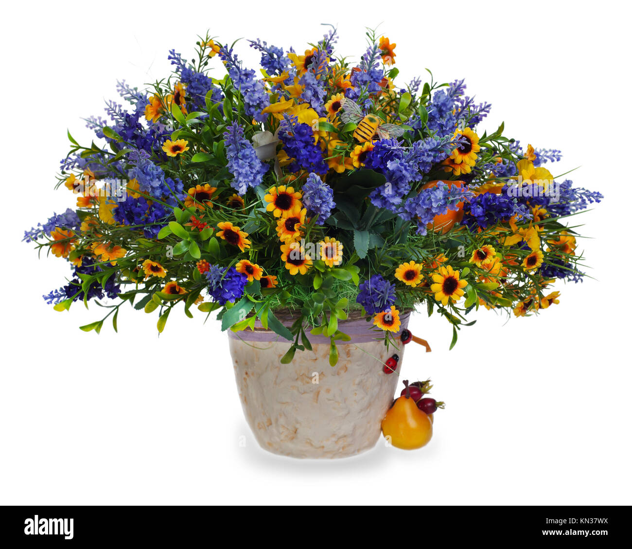 colorful floral bouquet of lilies, sunflowers and irises centerpiece in