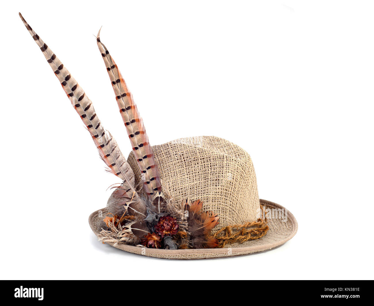 a hunting hat with pheasant feathers isolated on white Stock Photo Alamy