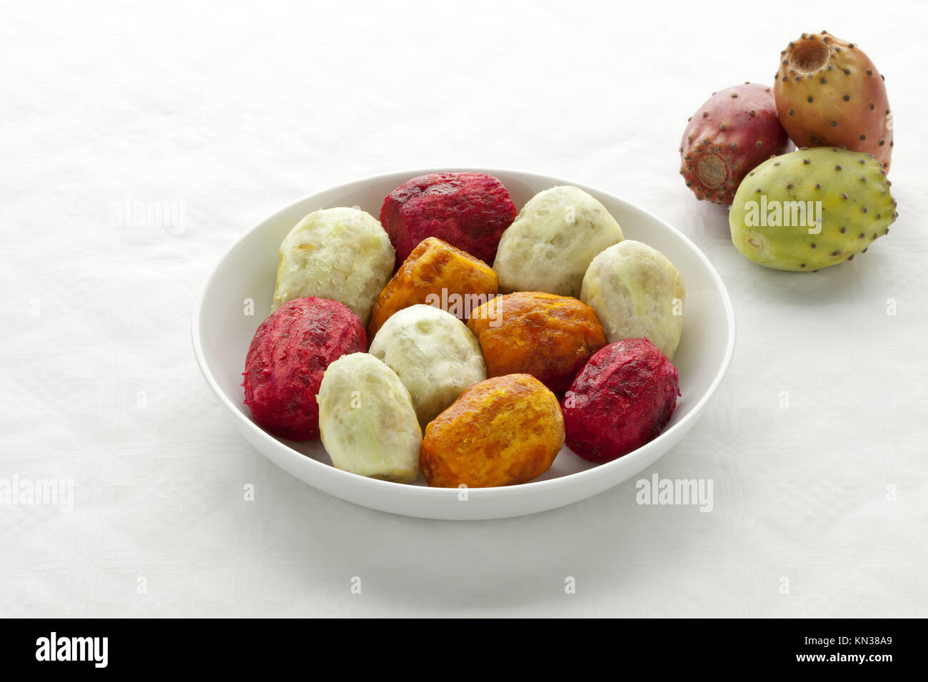 Peeled Prickly Pear Fruit on a dish. Stock Photo