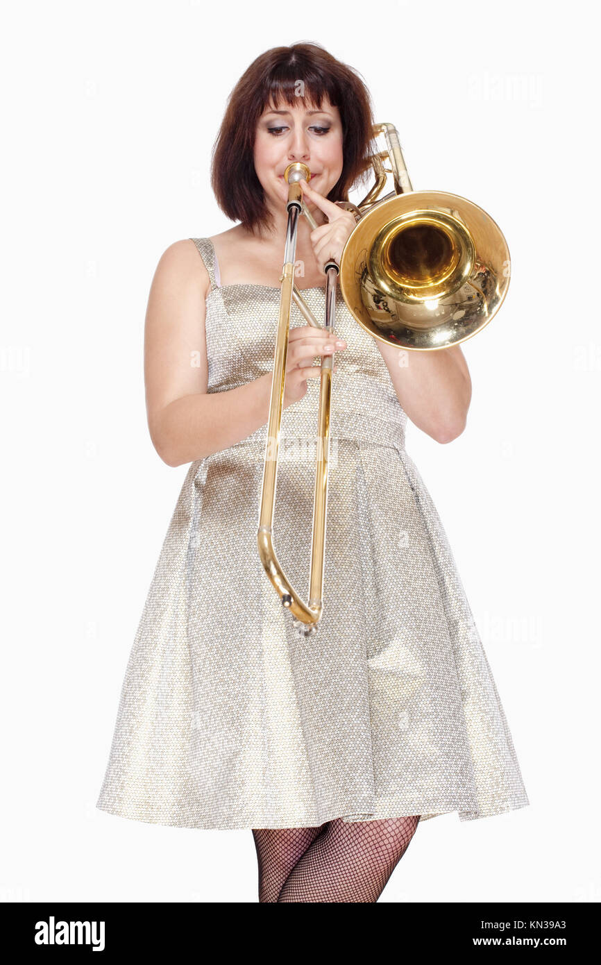Young Female Musician Playing Trombone Isolated On White Stock Photo Alamy
