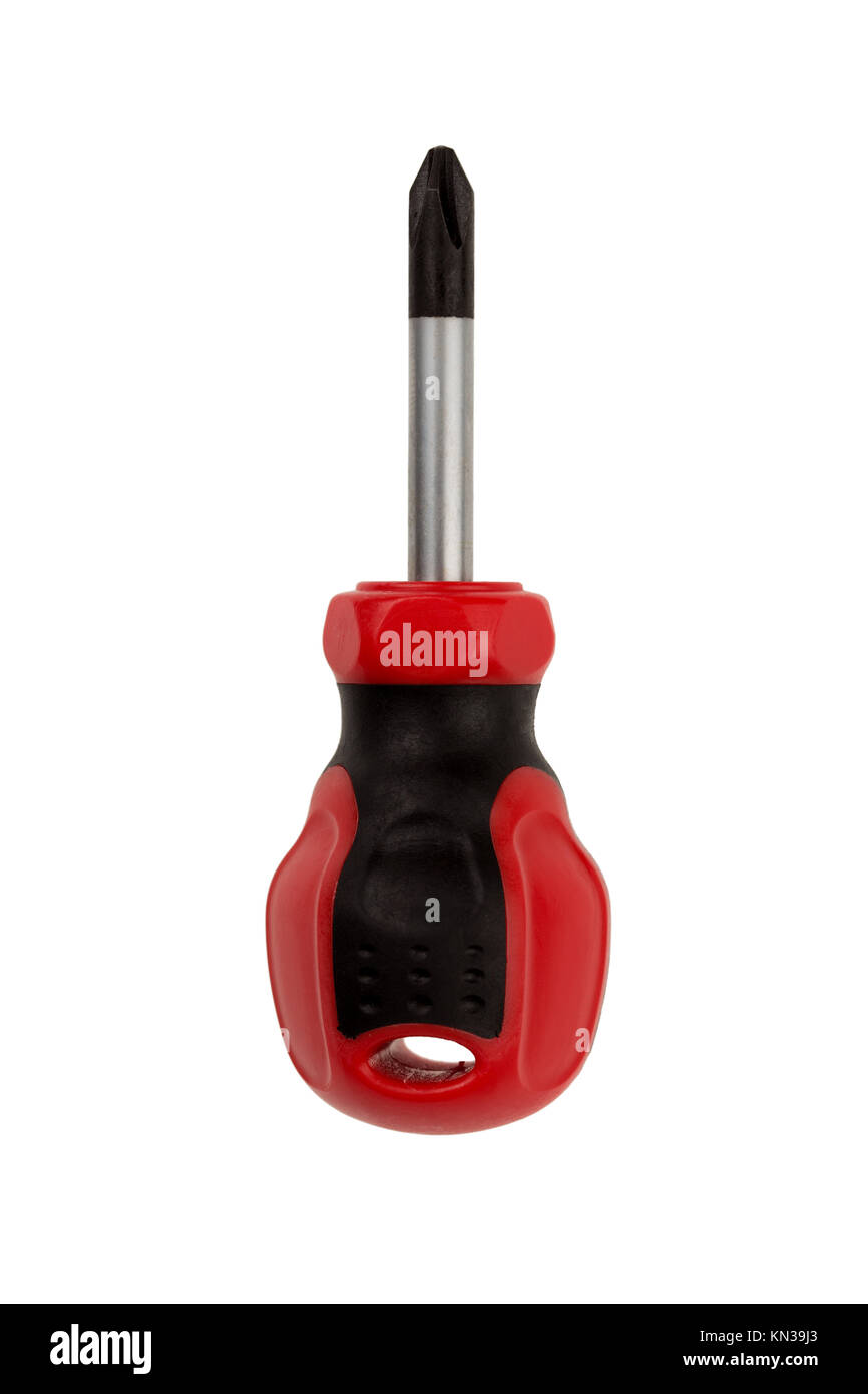 Standard cabinet tip screwdriver, ergonomically designed, efficient hand-tool for turning (driving) screws, isolated close-up on white background. Stock Photo
