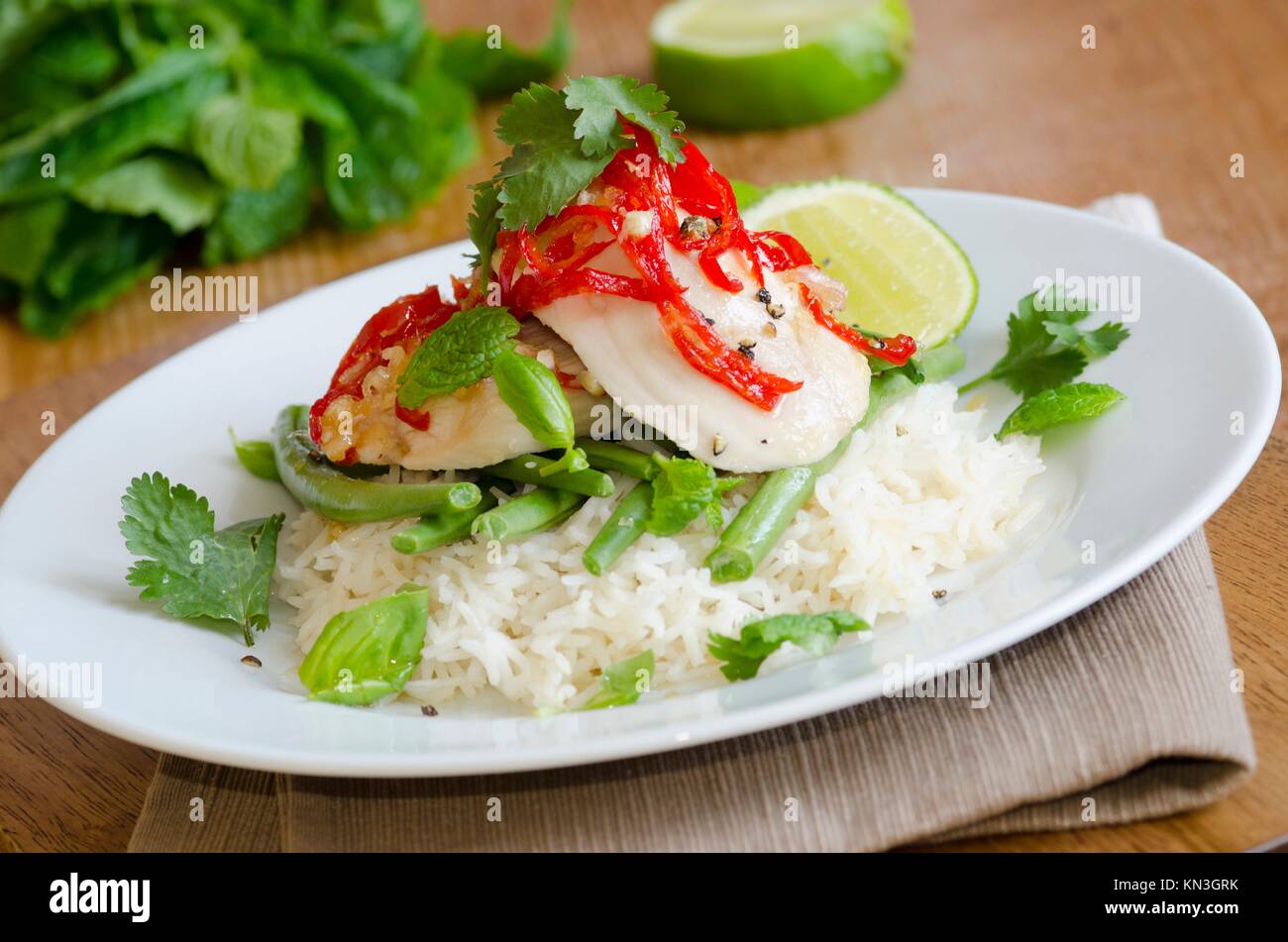 Chicken breast with sticky chilli sauce, green beans and boiled rice