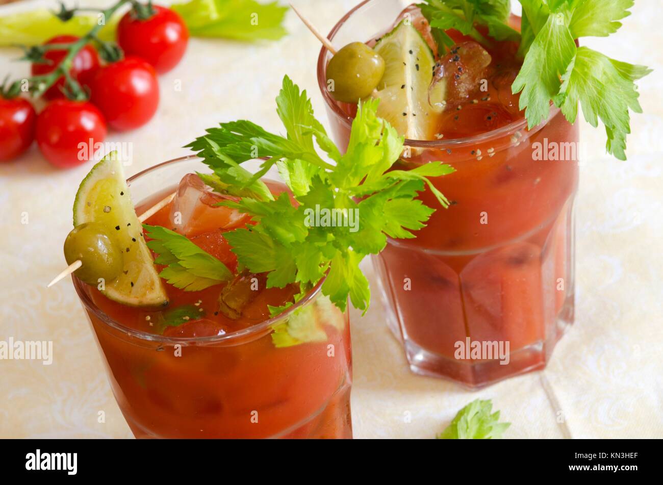 Freshly made Bloody Mary cocktail in a glass. Stock Photo
