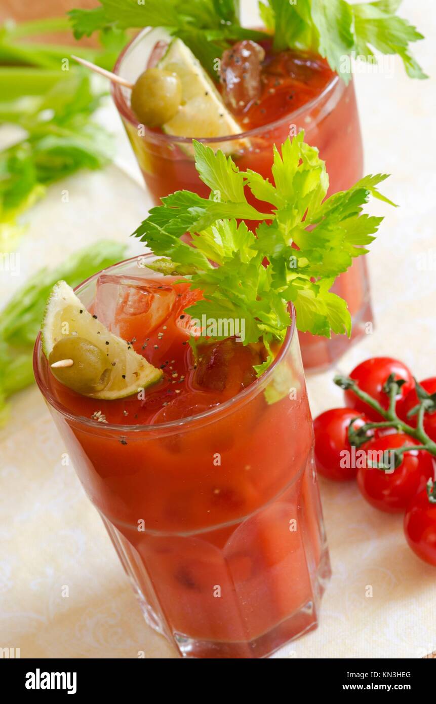 Freshly made Bloody Mary cocktail in a glass. Stock Photo