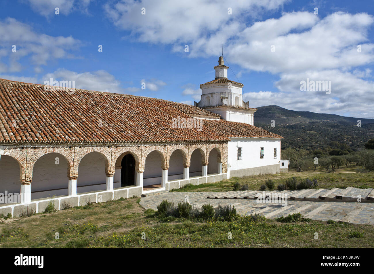 The Shrine of Our Lady of Ara, situated in the foothills of Sierra Morena, about seven kilometers from Fuente del Arco, in the Sierra de la Jayona. Stock Photo