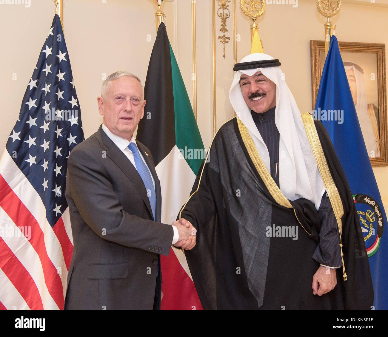 U.S. Defense Secretary James Mattis (left) meets with Kuwaiti Defense Minister Mohammed Khalid Al Hamad Al Sabah December 3, 2017 in Kuwait.  (photo by Amber I. Smith via Planetpix) Stock Photo