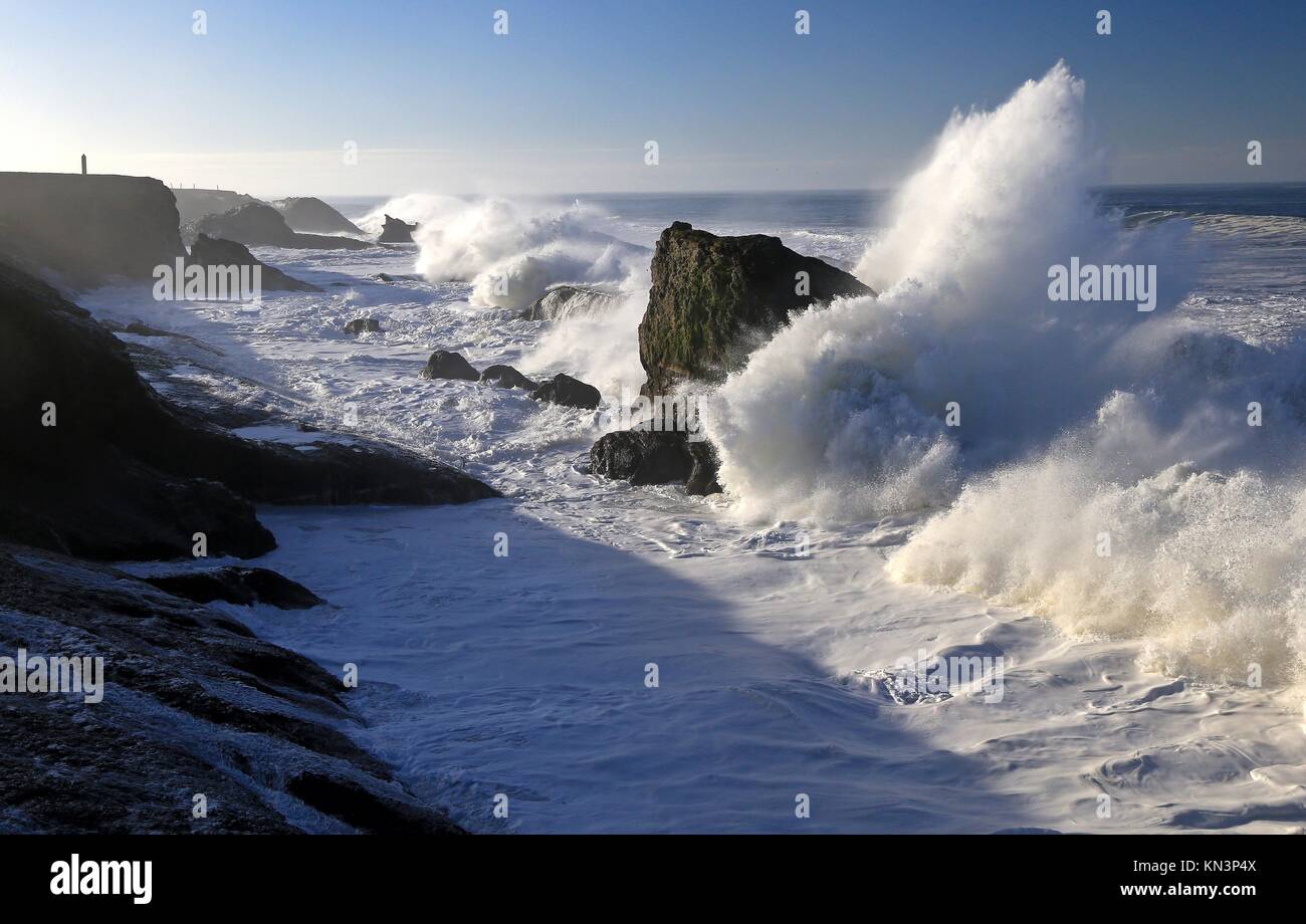 Water crashes against the rocky shoreline at the California Coastal National Monument Point Arena-Stornetta Unit January 26, 2017 in Point Arena, California.  (photo by David Ledig via Planetpix) Stock Photo