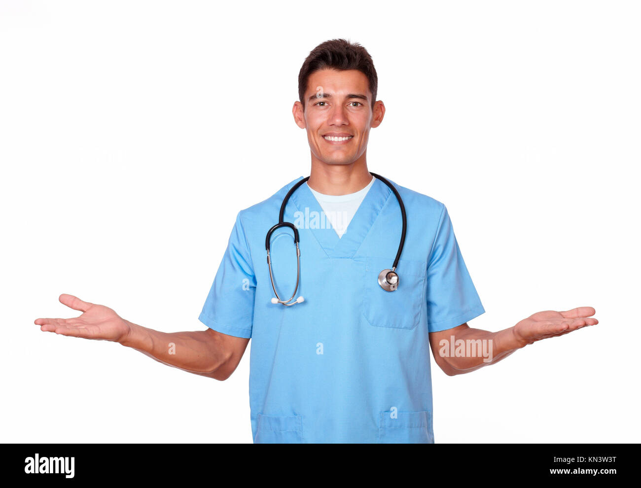 Portrait of a male in nurse uniform holding palms out on isolated
