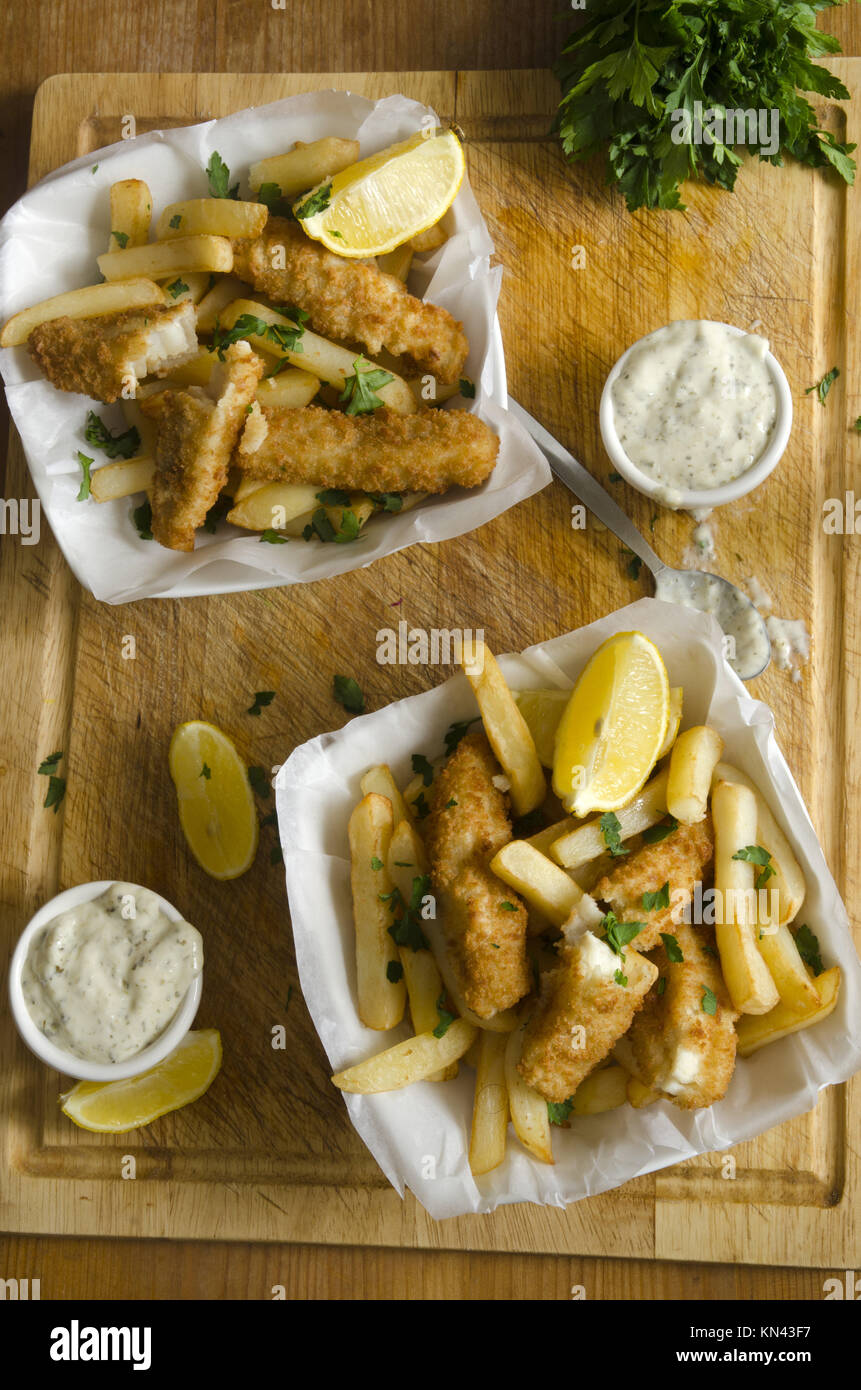 Lemon sole goujons with fries and tartar sauce Stock Photo Alamy