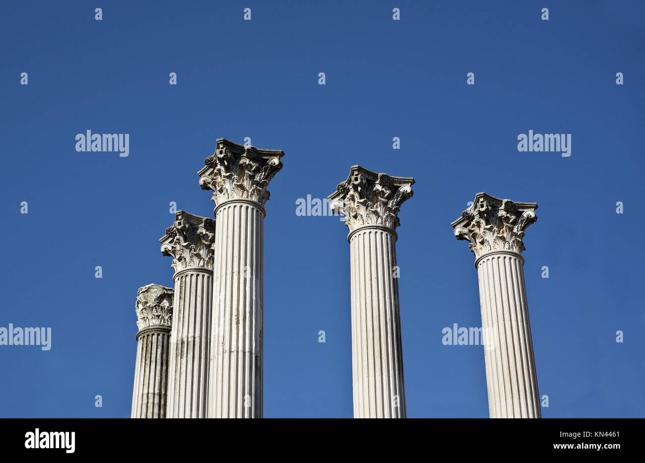 Roman columns of the temple of Cordoba from the street, Spain. Stock Photo