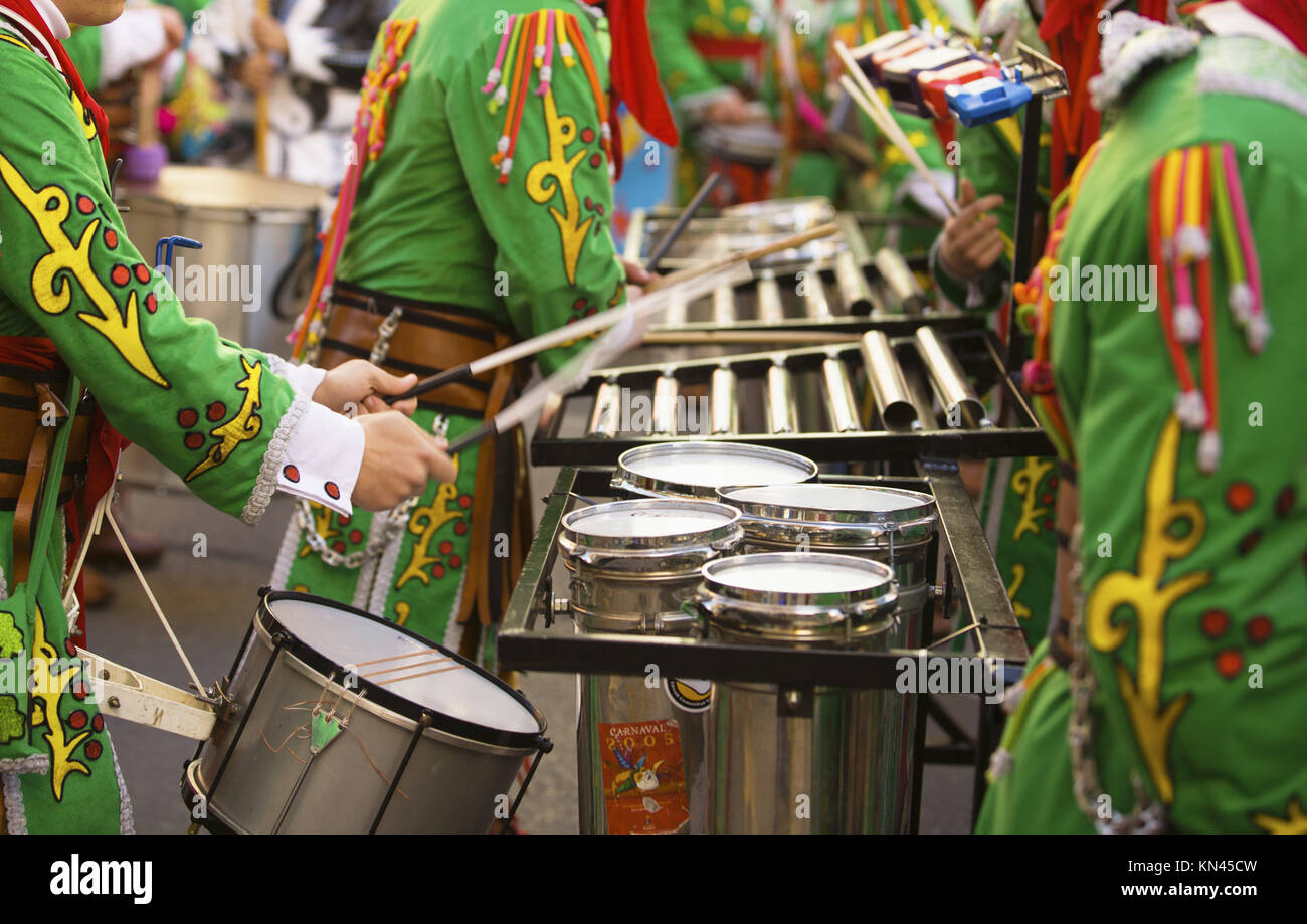 Percussion musicians take part in the Carnival parade of comparsas at Badajoz, Spain. Stock Photo