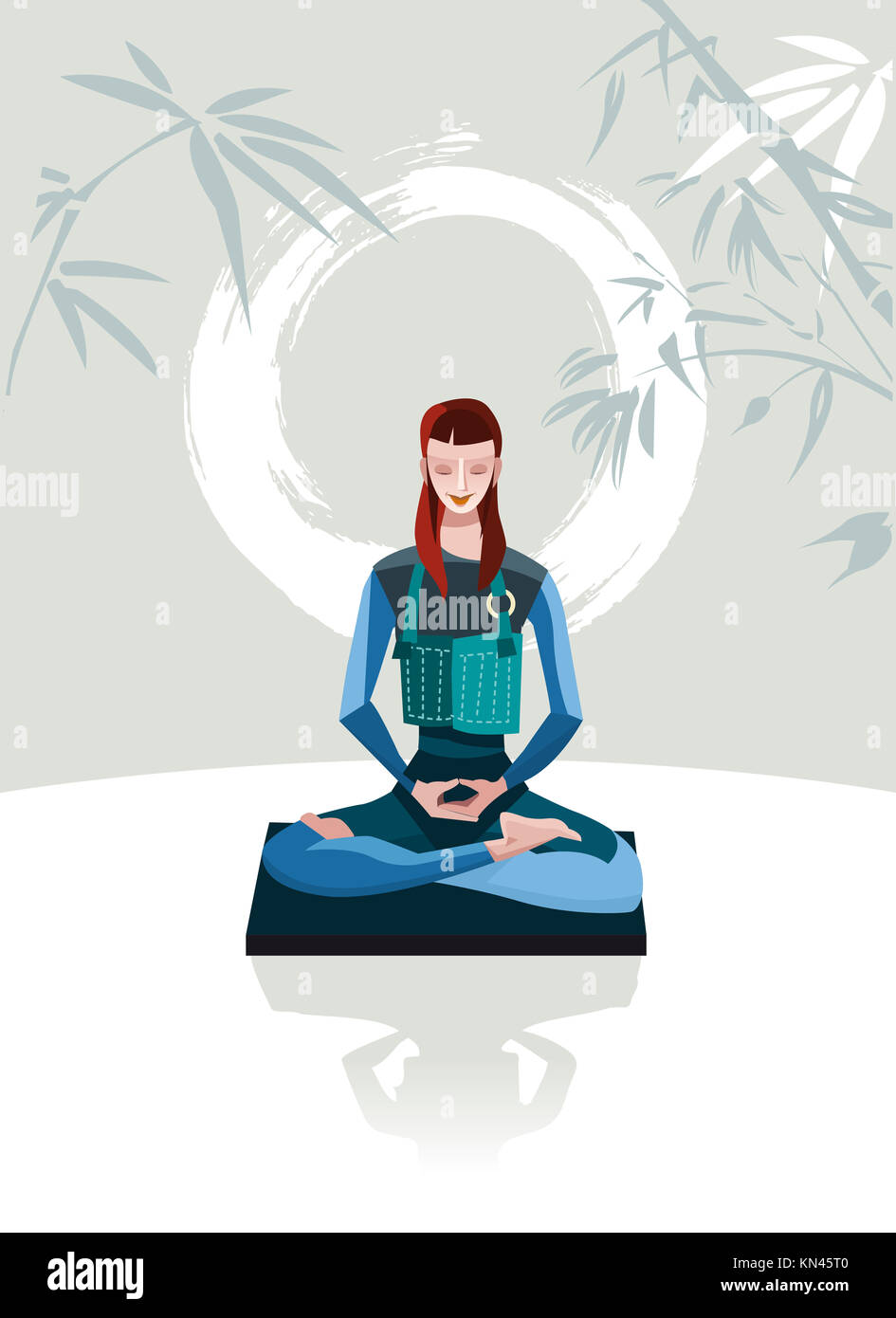 A woman sitting in meditation. Behind her calligraphy circle, symbol of emptiness. Stock Photo