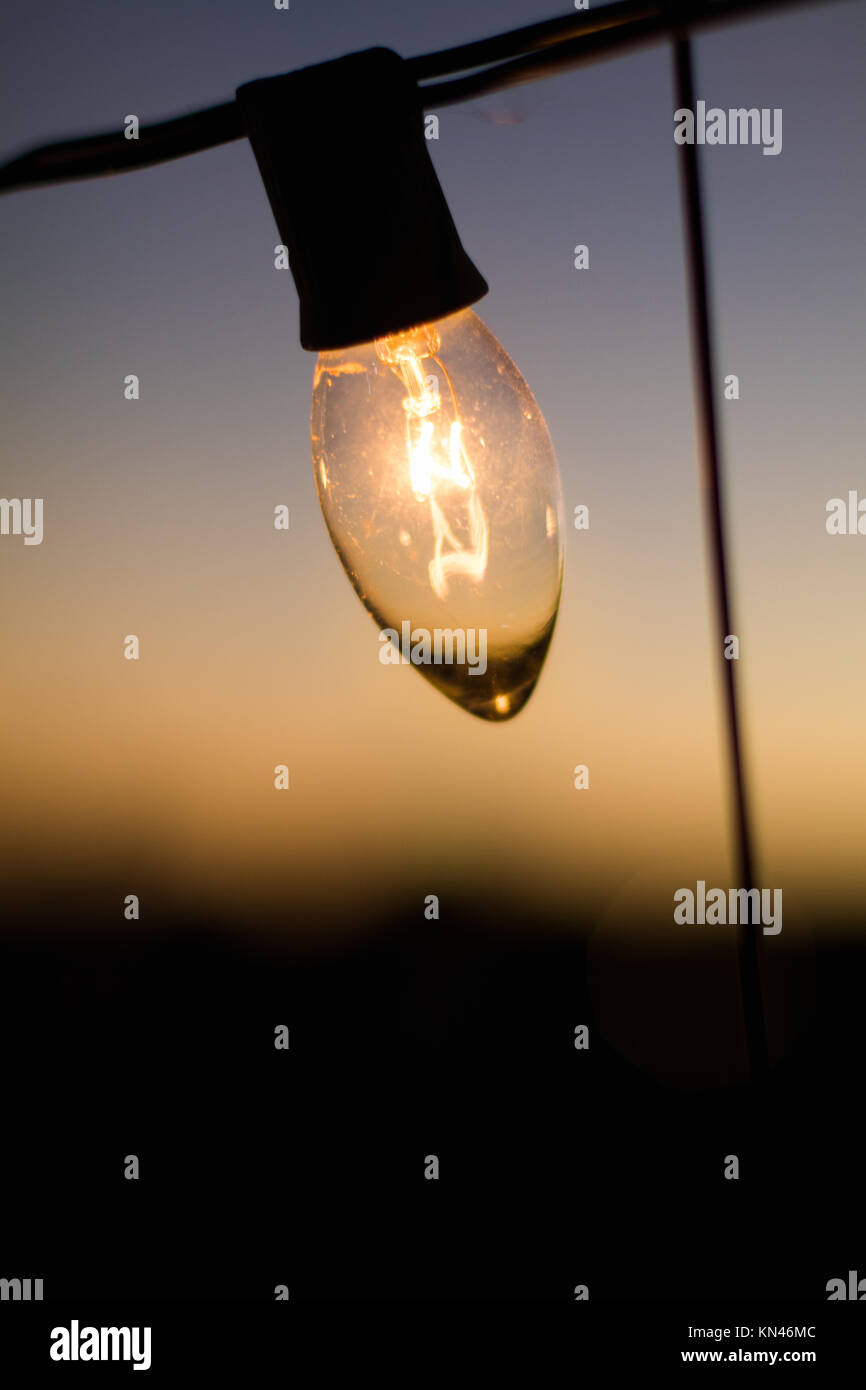 Close Up of Incandescent Lightbulb at Sunset Stock Photo