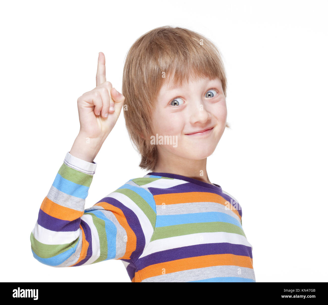 Boy Points Up His Finger Has An Idea Isolated On White Stock Photo