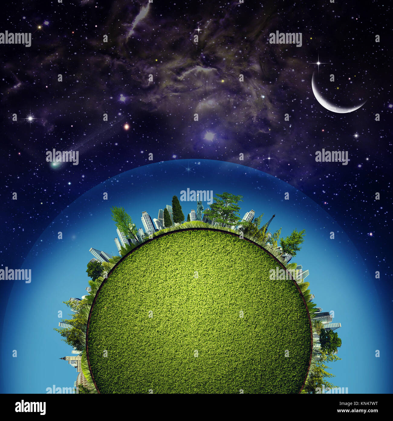 Green Earth planet against starry skies, sustainable development concept. Stock Photo