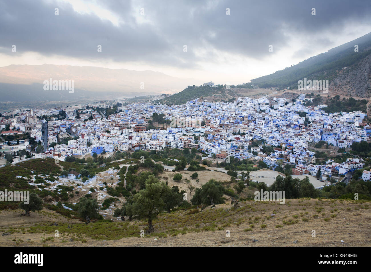 Panoramic view of blue city of Chefchaouen at rising, Morocco. Stock Photo