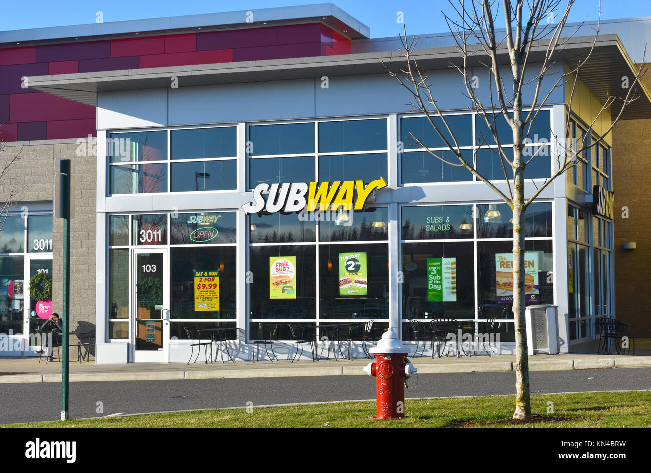 A Subway fast food restaurant in Barkley Village, Bellingham, Washington, USA.  Subway sells sub sandwhiches with many toppings. Stock Photo