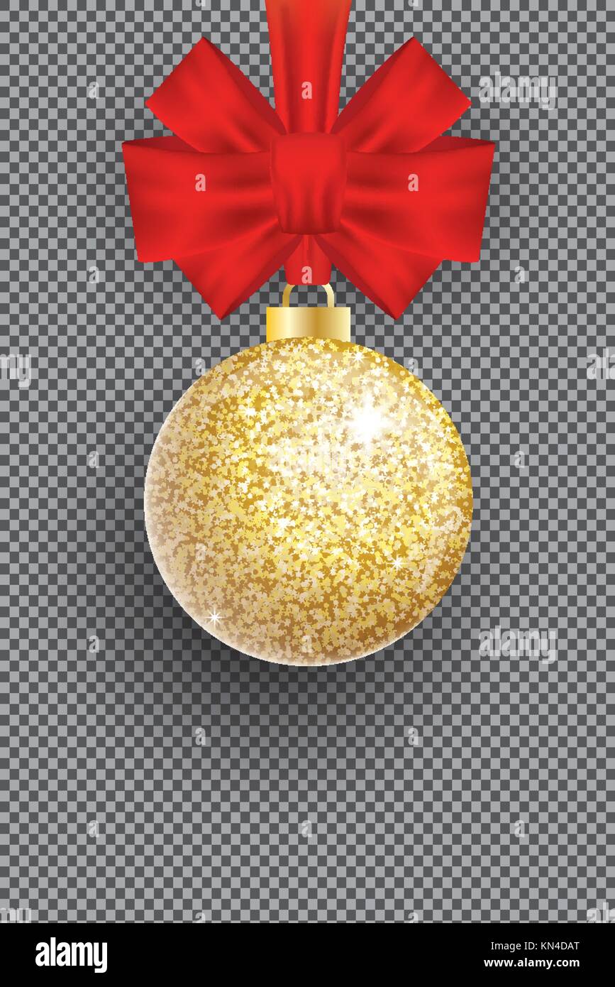 Christmas Golden Glitter Christmas Ball and Red Bow on Transparent ...