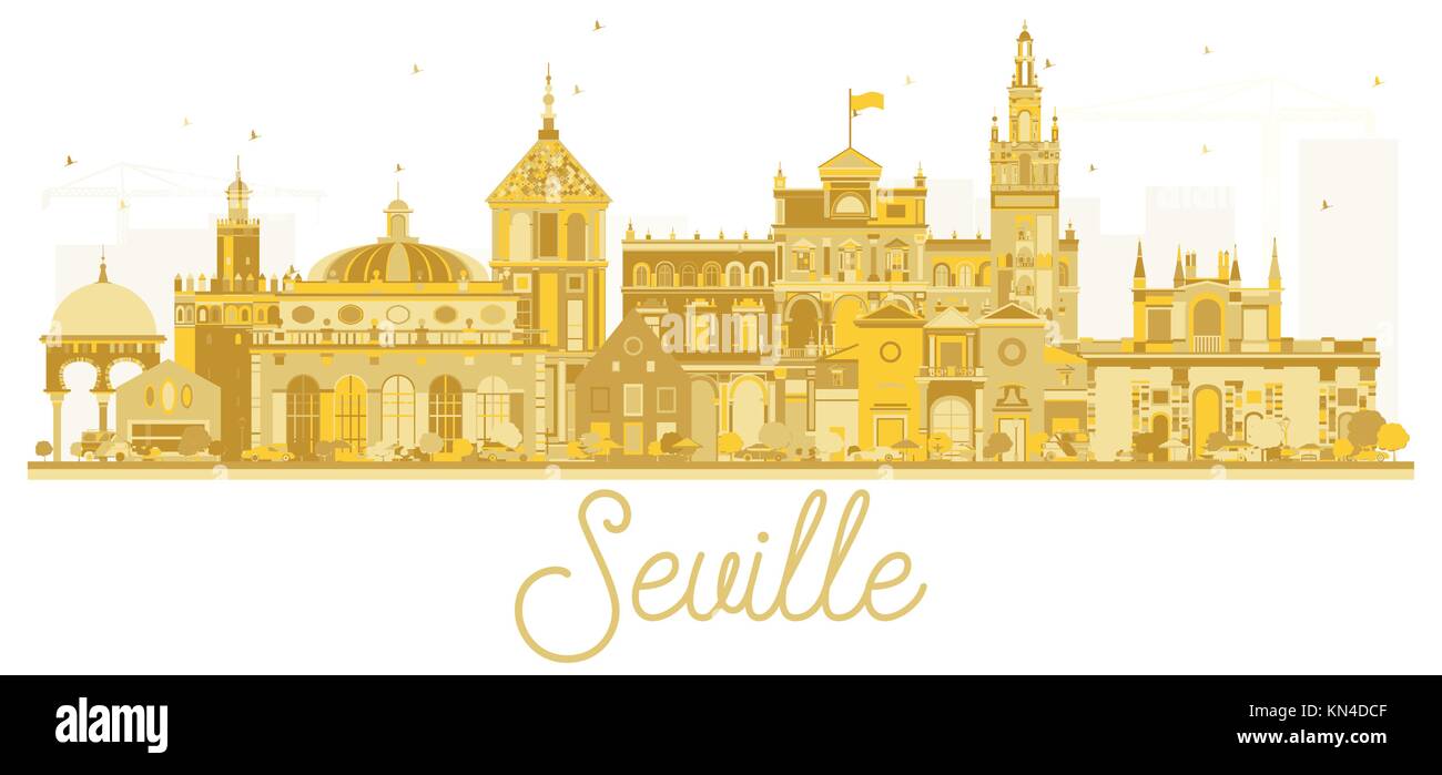 Seville Spain City skyline golden silhouette. Vector illustration. Business travel concept. Seville Cityscape with landmarks. Stock Vector
