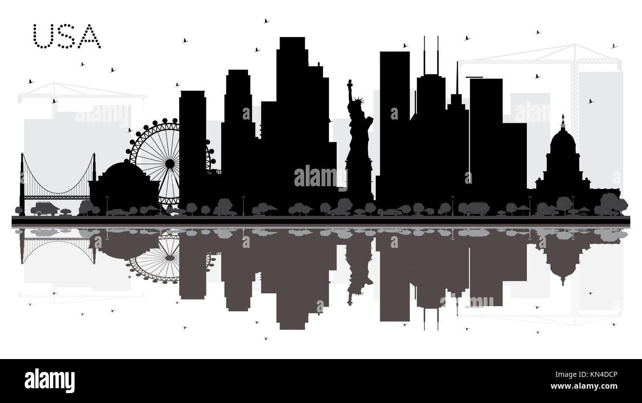 USA City skyline black and white silhouette with Reflections. Simple flat concept for tourism presentation, banner, placard or web site. Business trav Stock Vector
