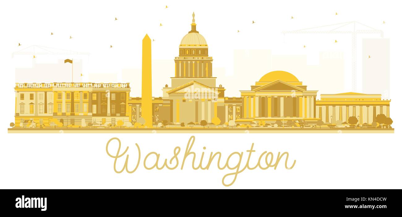 Washington dc USA city skyline golden silhouette. Vector illustration. Cityscape with landmarks. Stock Vector