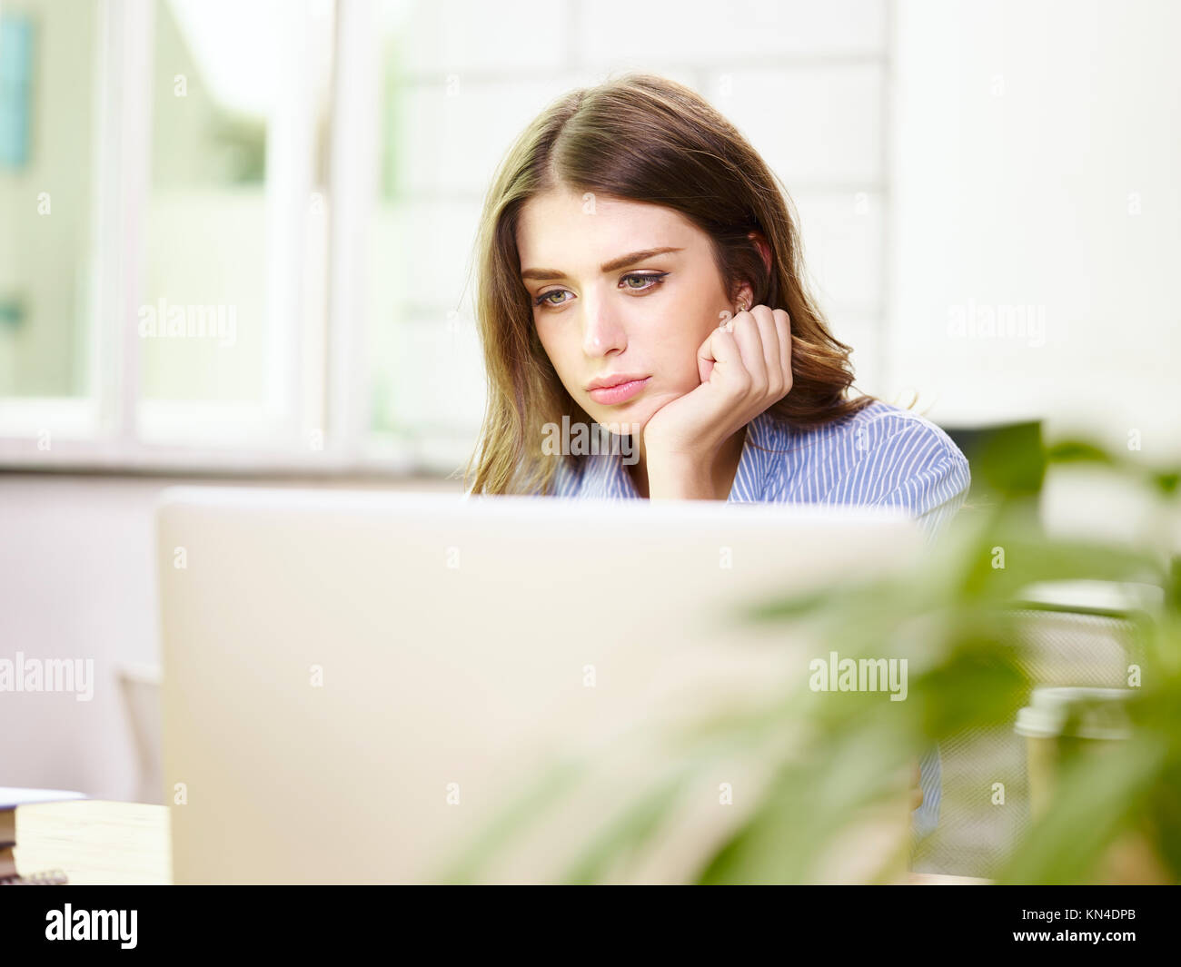 beautiful young caucasian business woman working in office using laptop computer. Stock Photo