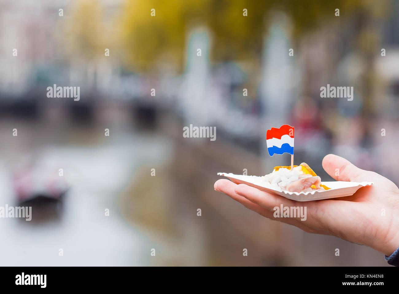 Traditional dutch food herring fish with onion in fastfood market of