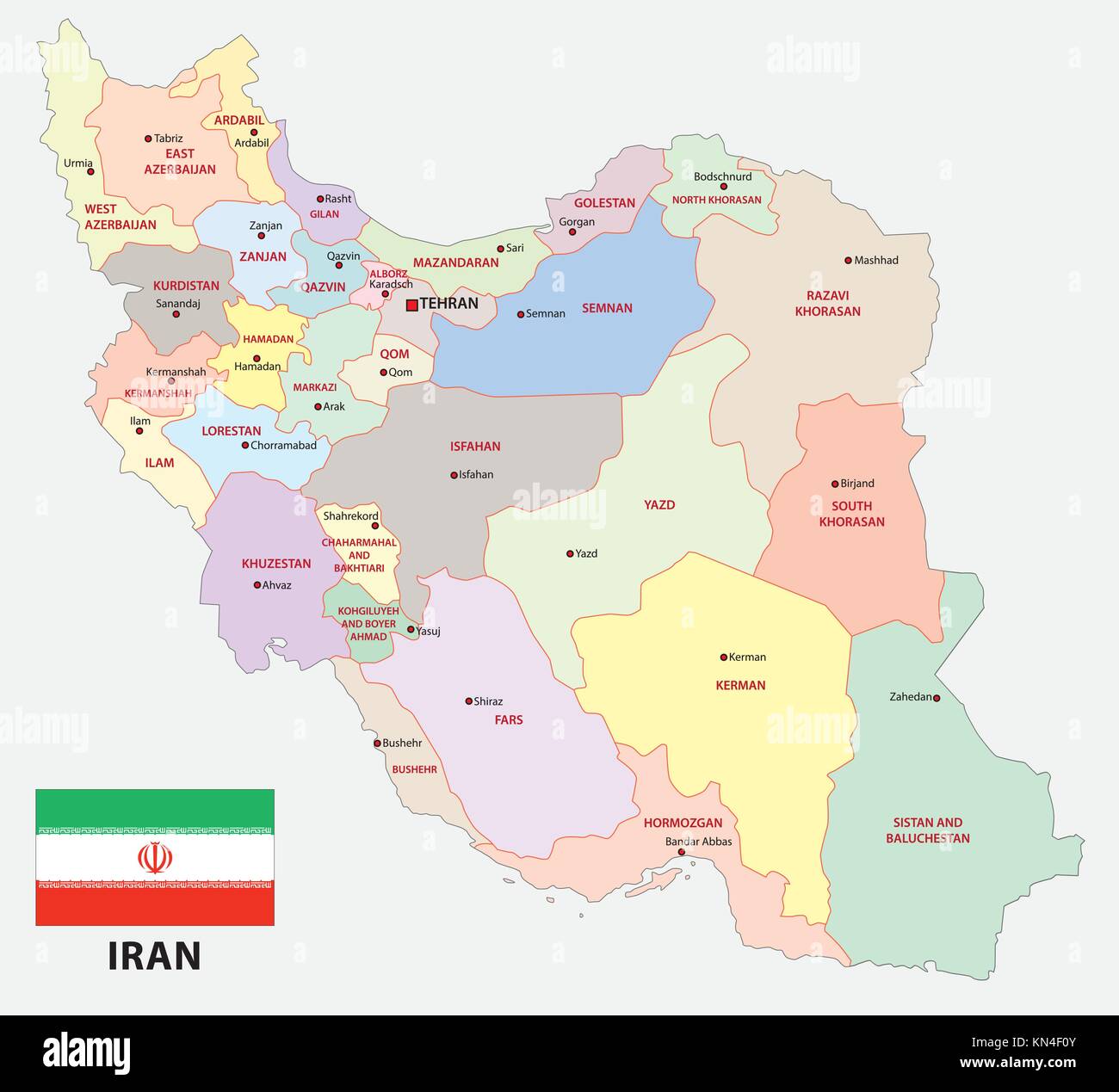 iran administrative and political vector map with flag Stock Vector