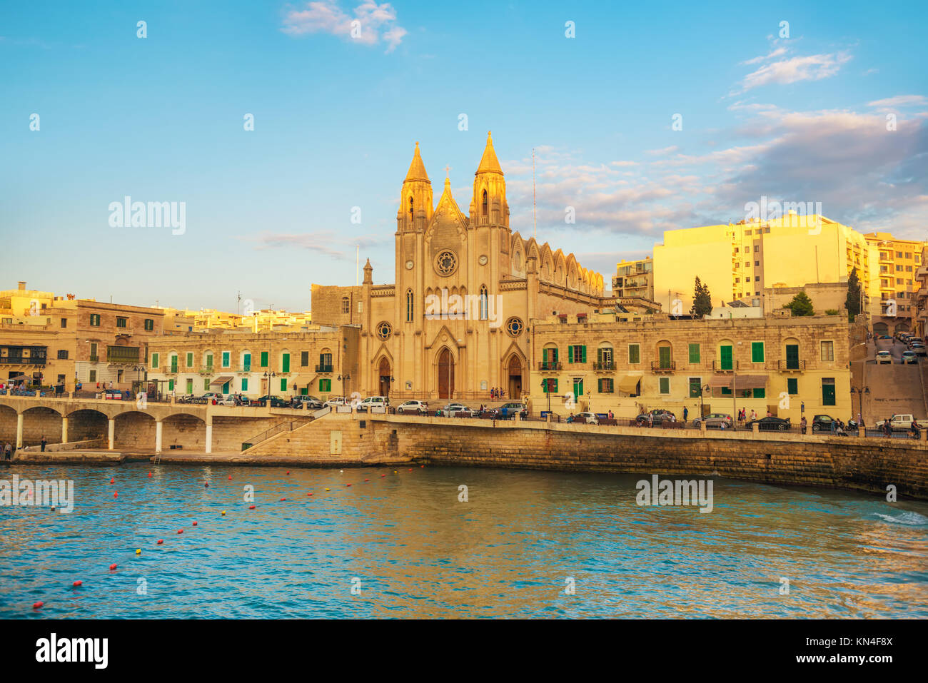 beautiful european view of Saint Julians church, Balluta Bay, Malta Stock Photo