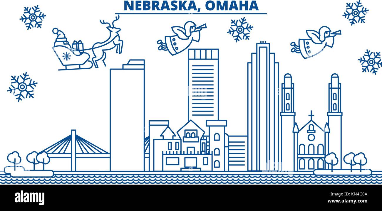 USA, Nebraska , Omaha winter city skyline. Merry Christmas and Happy New Year decorated banner. Winter greeting card with snow and Santa Claus. Flat, line vector. Linear christmas illustration Stock Vector