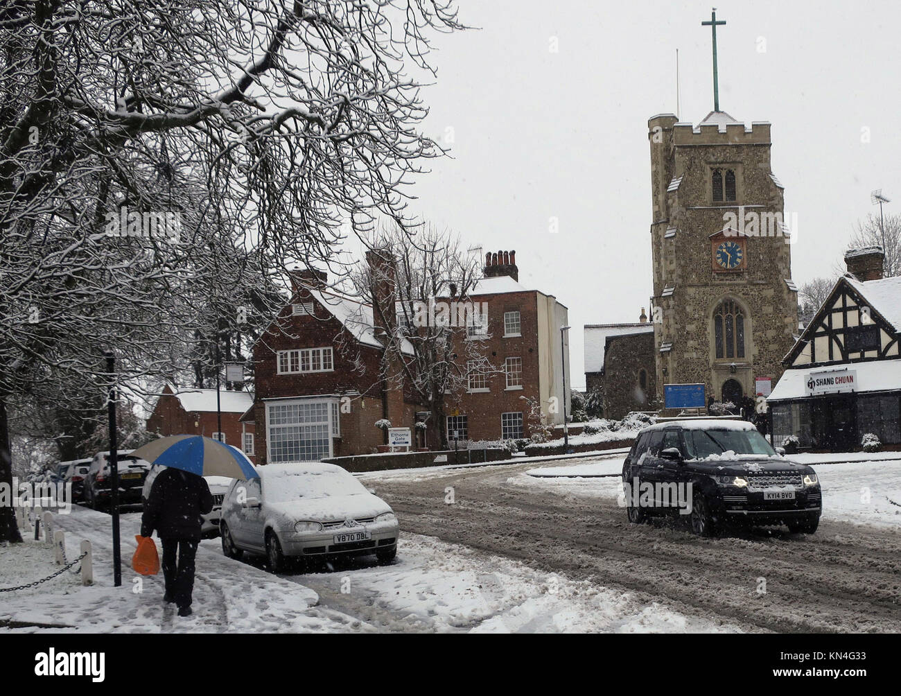 Snow on the streets of Pinner, London, as heavy snowfall across parts