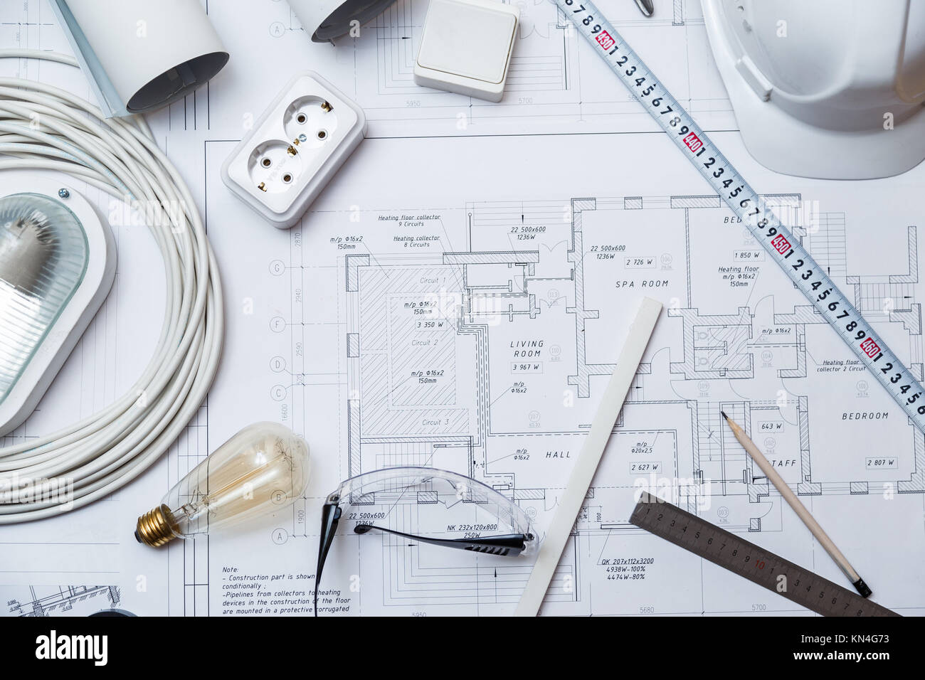 Electrical Master Equipment On House Plans. Stock Photo
