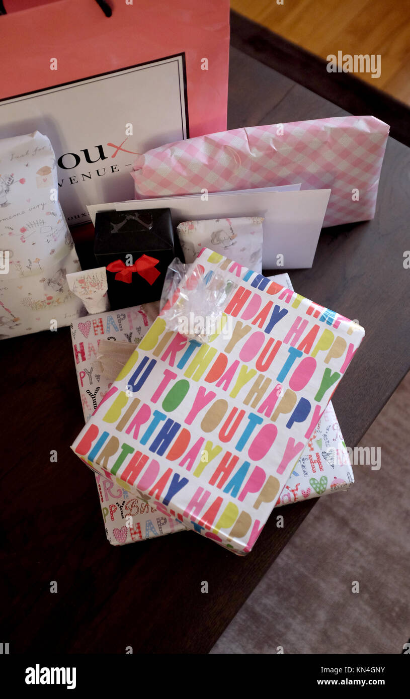 Wrapped up birthday presents gifts Stock Photo