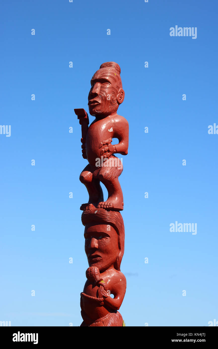 Details of Maori Carving sculpture at Mount Victoria Lookout above Wellington, North Island, New Zealand. Stock Photo
