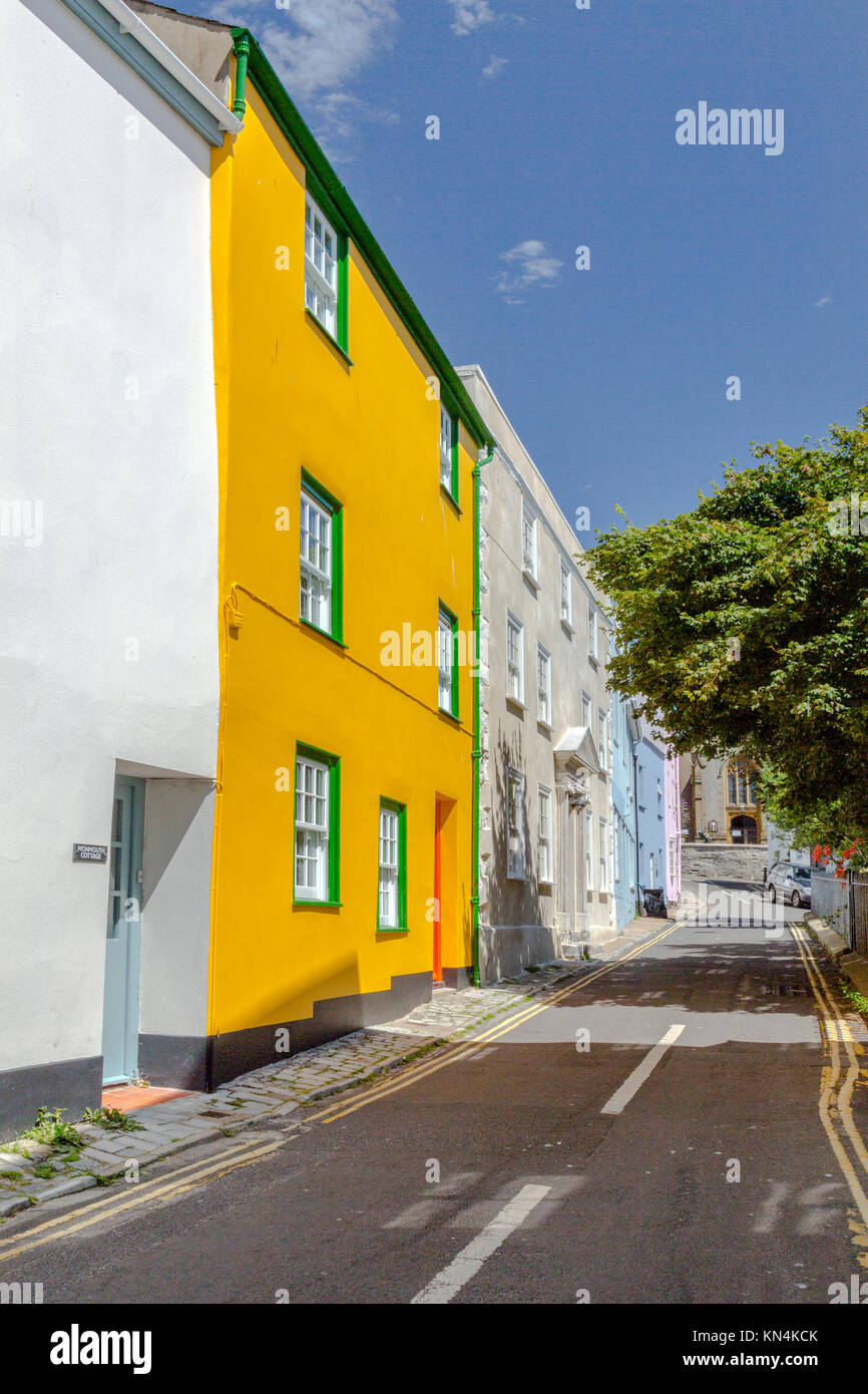 A colourful terrace of town houses in Church Street, Lyme Regis on the