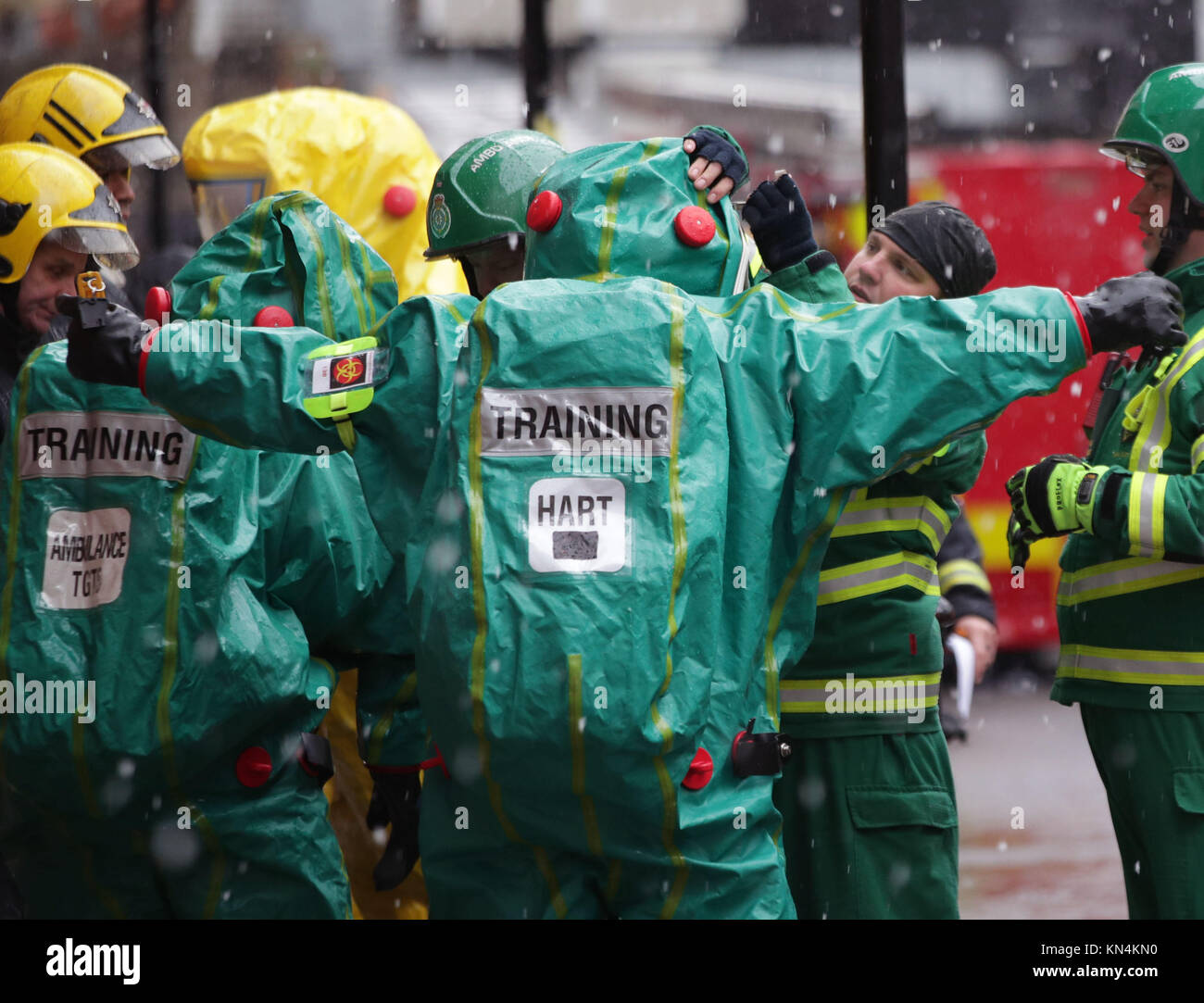 Members of the police, fire brigade and ambulance service during a
