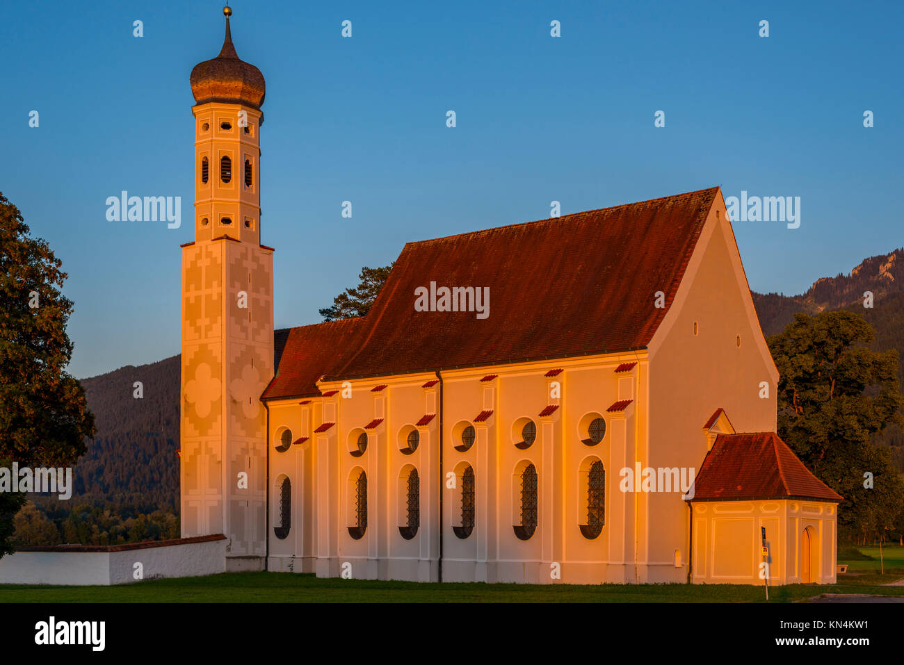 Baroque church St. Coloman, Evening light, Schwangau, East Allgäu, Allgäu, Swabia, Bavaria, Germany Stock Photo