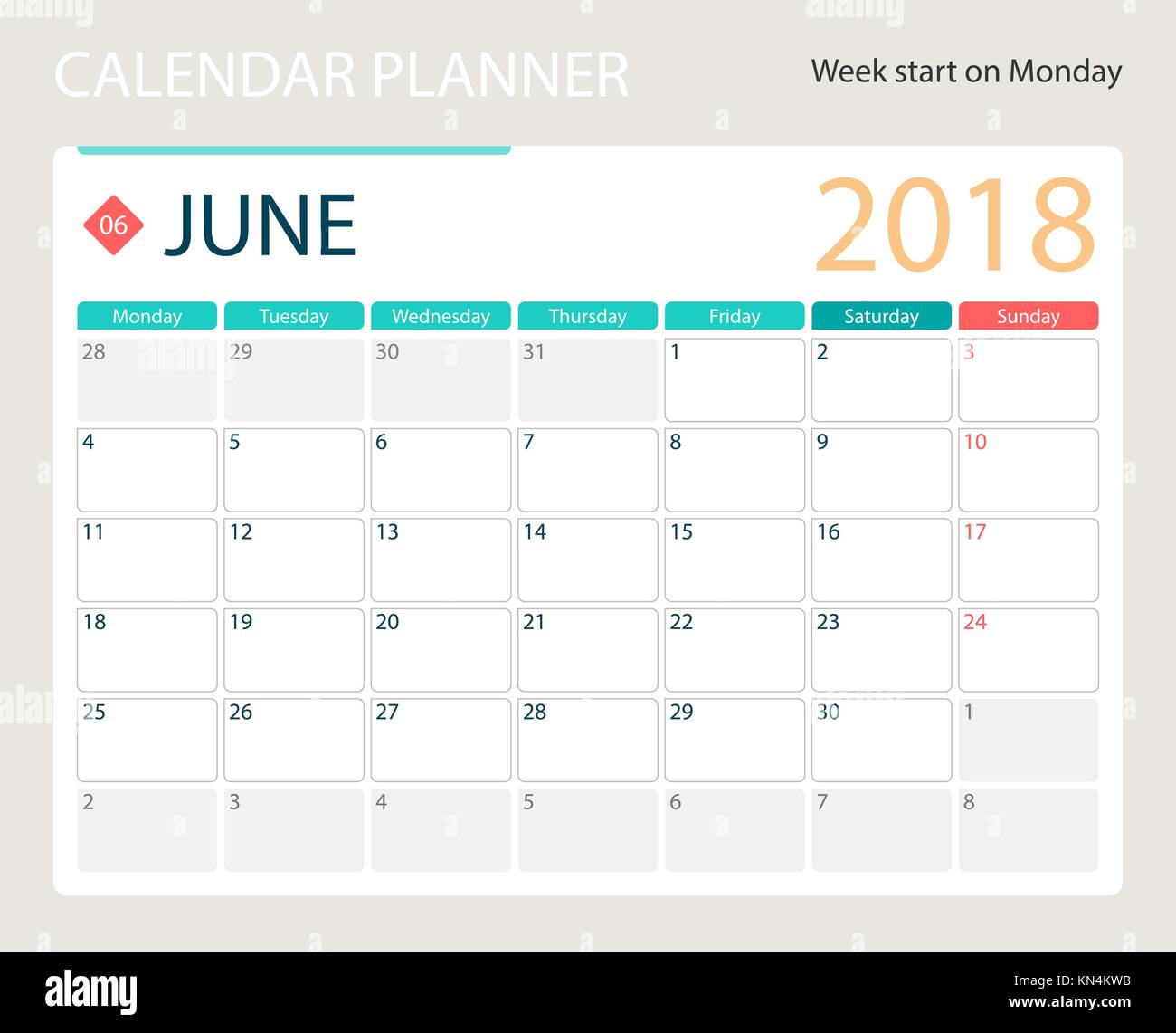 June 2018 Illustration Vector Calendar Or Desk Planner Weeks Start On