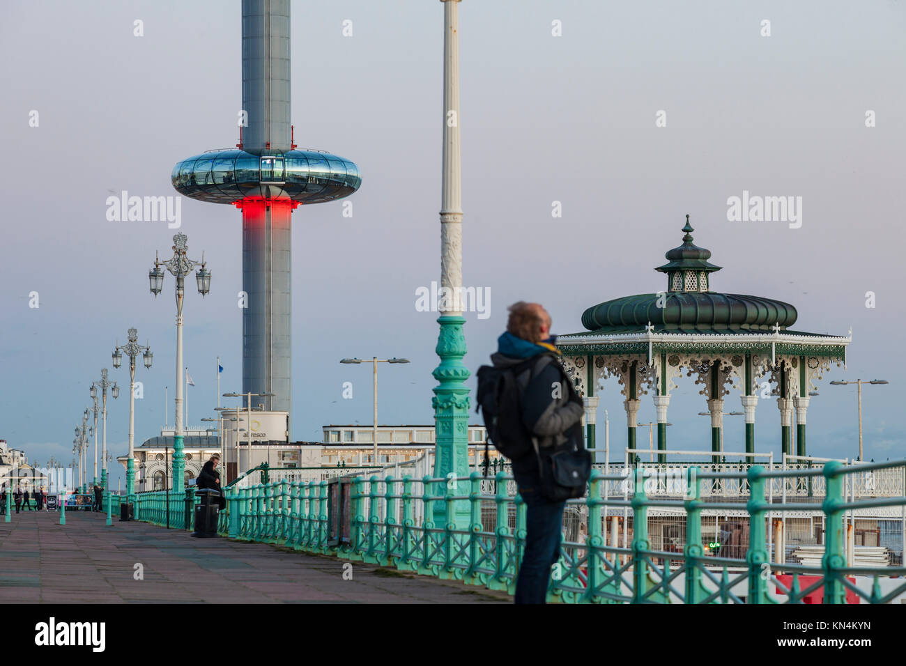 Evening on Brighton seafront, UK. Victorian bandstand and i360 tower in the distance. Stock Photo