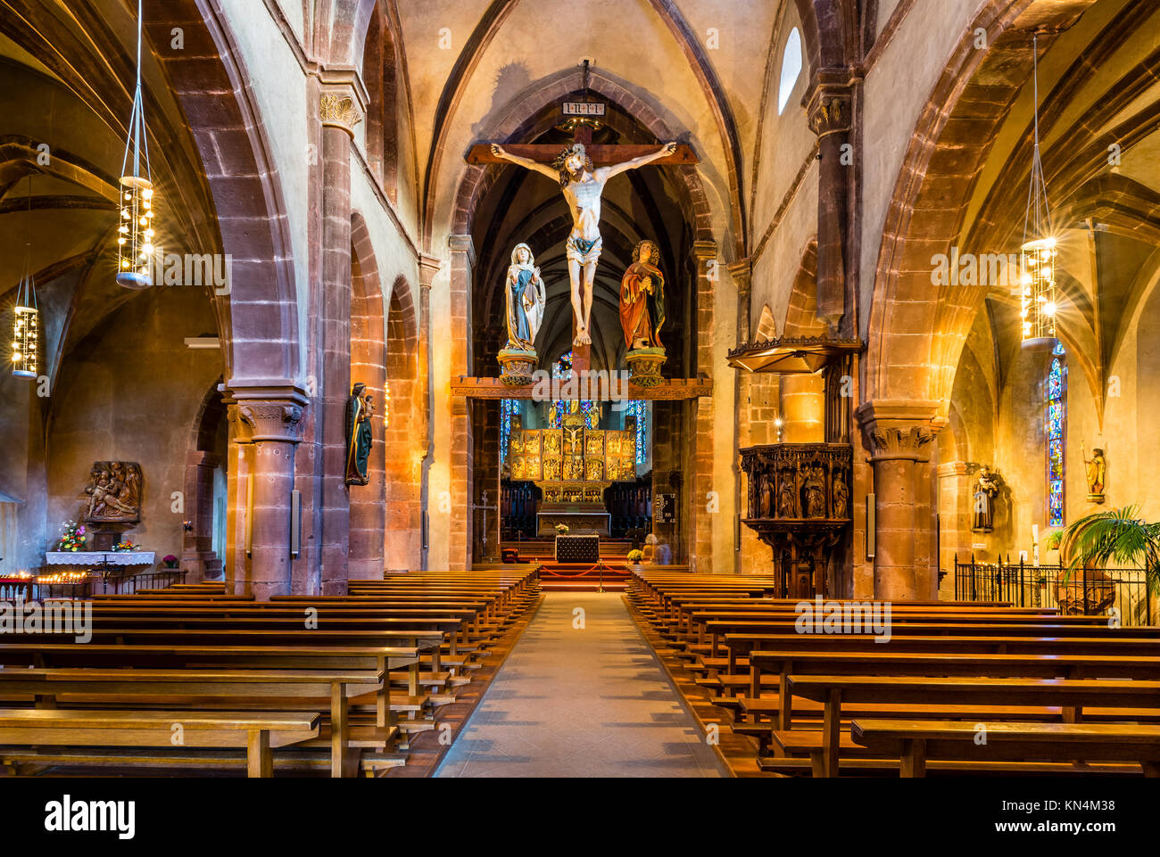 Eglise Ste-Croix, Church of the Holy Cross, Kaysersberg, Alsace Wine Route, Alsace, Département Haut-Rhin, France Stock Photo