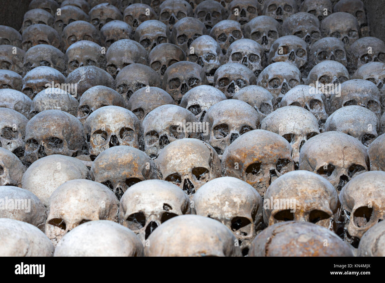 Pile of human skulls, Brno Ossuary, Czech Republic. Concept of death, evil, terror and genocide. Scary skulls, spider web, dust in catacombs Human rem Stock Photo